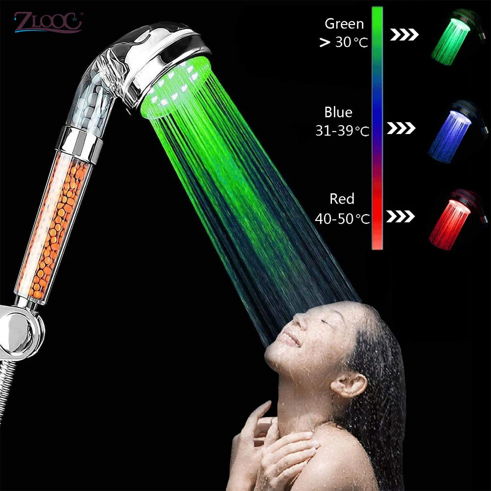 LED Color-Changing Shower Head — Temperature Sensor with High Pressure & Water Filter