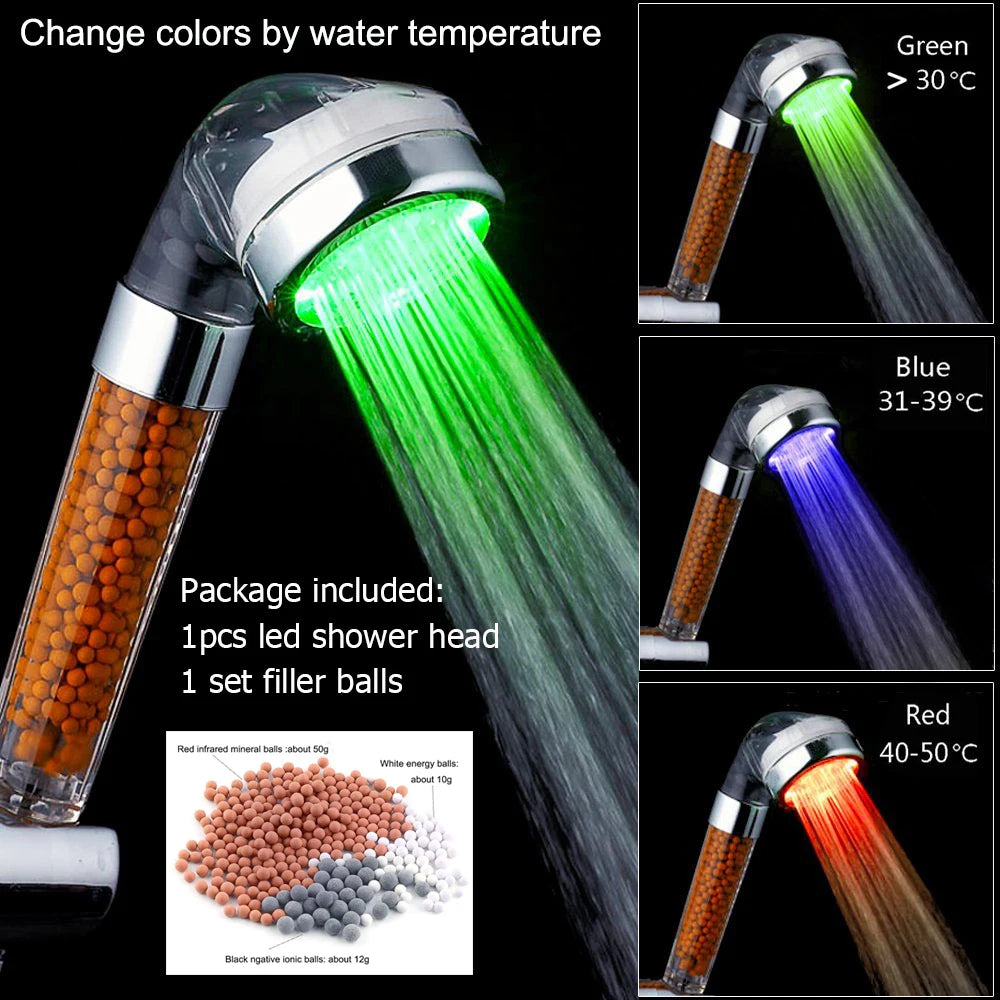 LED Color-Changing Shower Head — Temperature Sensor with High Pressure & Water Filter