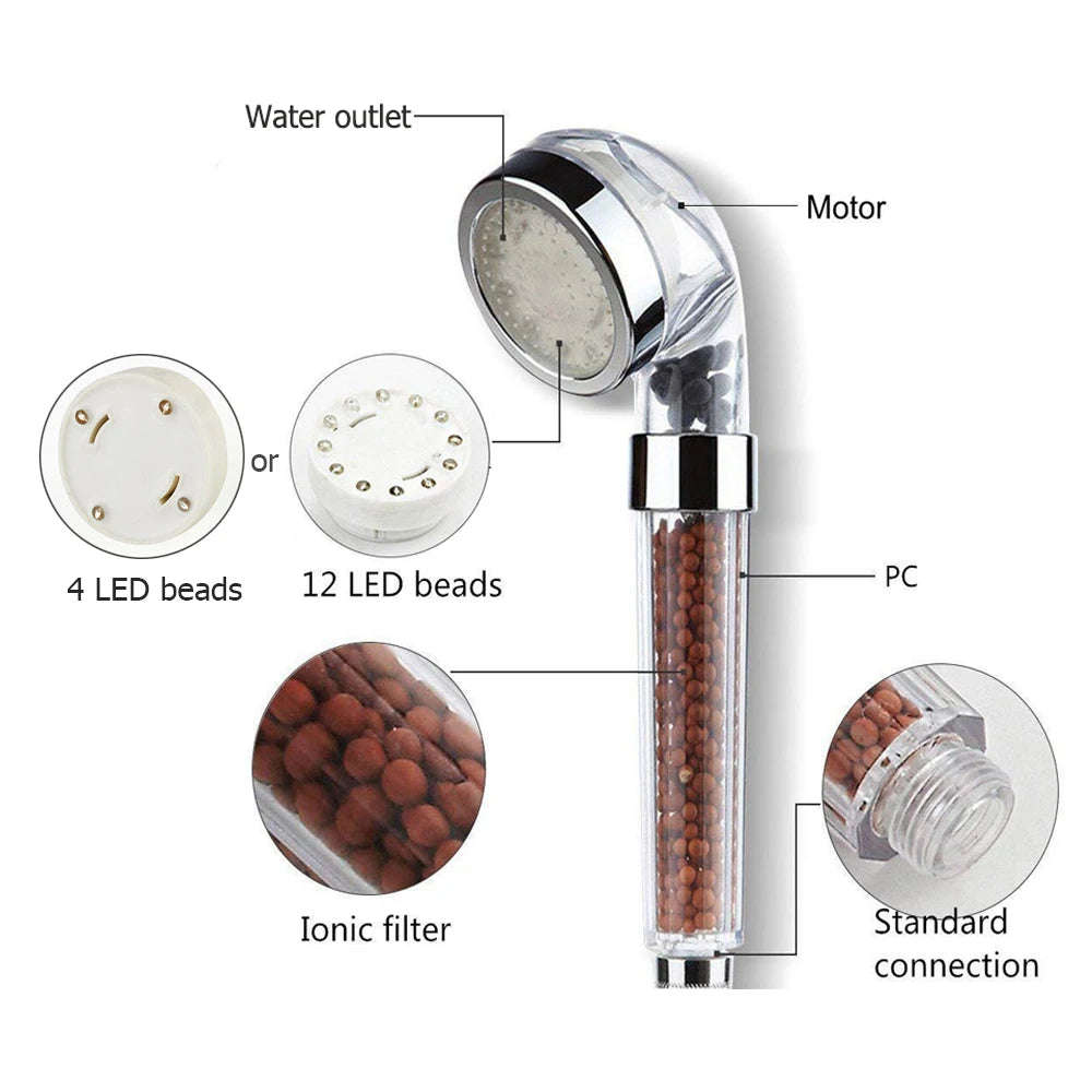 LED Color-Changing Shower Head — Temperature Sensor with High Pressure & Water Filter