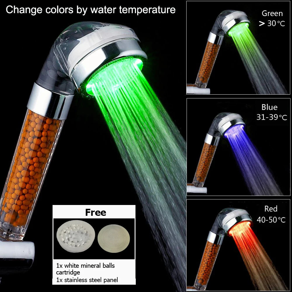 LED Color-Changing Shower Head — Temperature Sensor with High Pressure & Water Filter