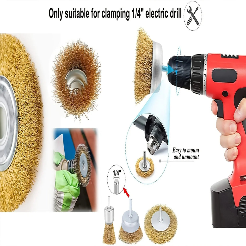 Wire Brush Wheel & Cup Set — Drill Attachment for Rust Removal, Grinding & Polishing