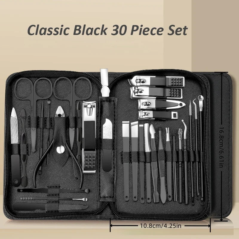 Stainless Steel Manicure Set — Nail Care Kit with Leather Case, 9 or 30 Piece