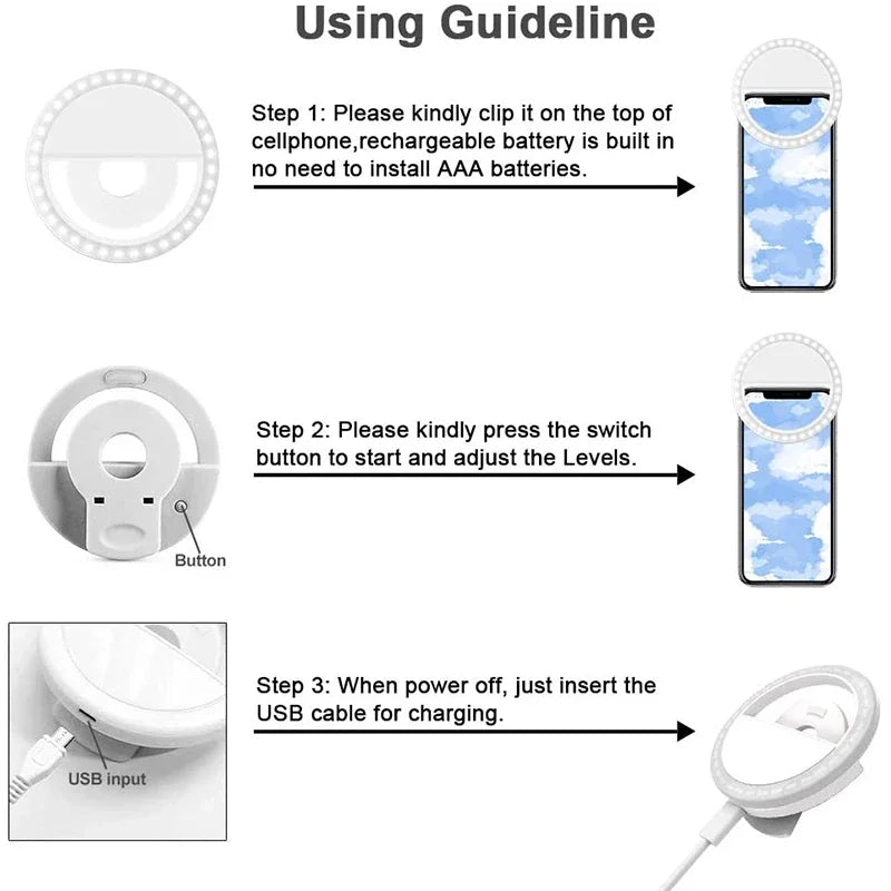 Clip-On Selfie Ring Light — Portable LED Fill Light with 3 Brightness Modes