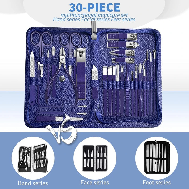 Stainless Steel Manicure Set — Nail Care Kit with Leather Case, 9 or 30 Piece