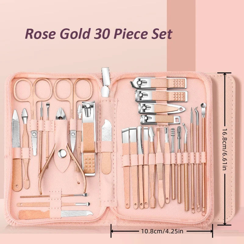 Stainless Steel Manicure Set — Nail Care Kit with Leather Case, 9 or 30 Piece