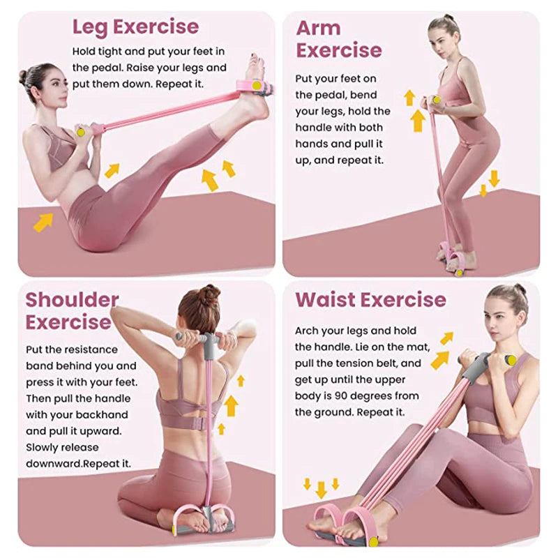 4-Tube Pedal Resistance Band — Full Body Workout for Abs, Arms & Legs